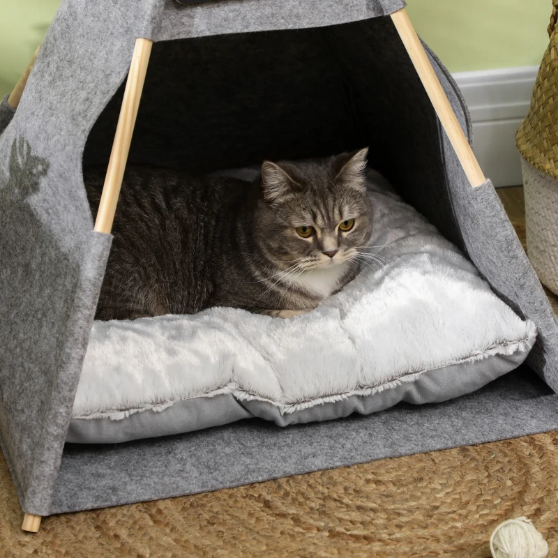 PawHut Tenda per Gatti, Cuccia per Gatti Fino a 6kg, Cuccia per Cani Piccoli da Interno, Teepee in Feltro Grigio, 58x58x80cm