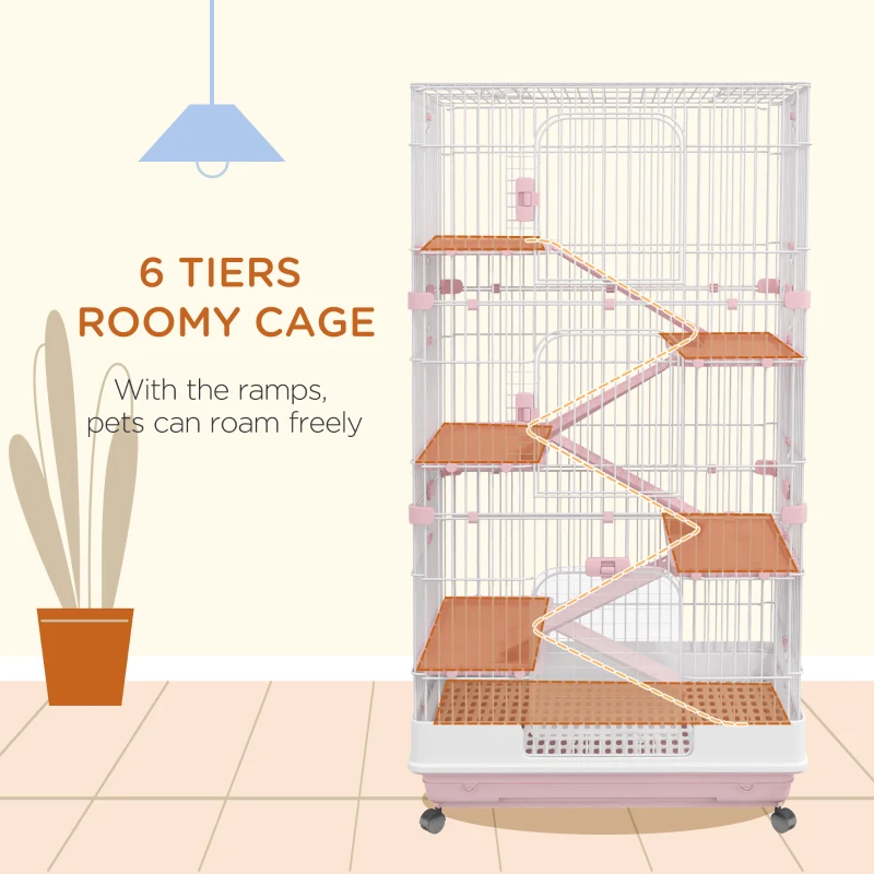 PawHut Six-Tier Small Animal Cage, for Bunnies, Ferrets, Chinchillas w/ Wheels, Tray - Pink