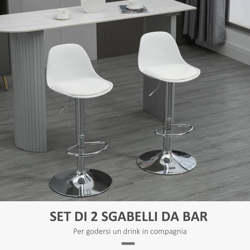 HOMCOM Set 2 Sgabelli da Cucina di Design Girevoli con Schienale, Poggiapiedi e Altezza Regolabile, in Similpelle e PP, Base in Acciaio, 38x42x82-104cm, Bianco
