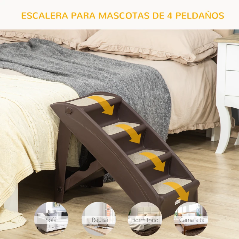 PawHut Escalón para Perros Gatos Portátil con Alfombras Antideslizantes para Cama Sofá Carga 20 kg 62x38x49,5 cm Marrón