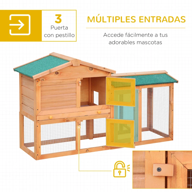 PawHut Jaula para Conejos Grande 145x45x85 cm con Techo Asfáltico Bandeja Extraíble Escalera  para Exterior Natural