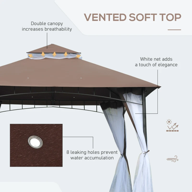 Outsunny 3 x 3 meter Patio Metal Gazebo Square Outdoor Party Wedding Canopy Shelter w/Mesh - Brown