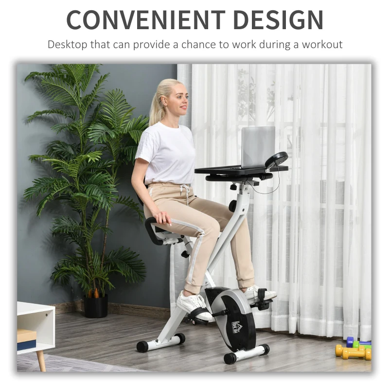 HOMCOM Indoor Magnetic Exercise Bike 8-Level Adjustable Magnetic Resistance Cardio Trainer Seat Height Adjustable Cycling Bike, w/ Desktop, 1.5kg Flywheel, LCD Display,  White