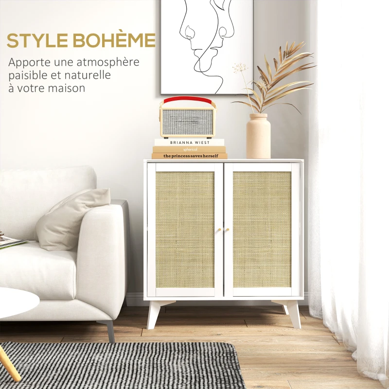 HOMCOM Buffet haut meuble de rangement design bohème double portes avec 2 niveaux, façade en rotin 80 x 40 x 85 cm blanc
