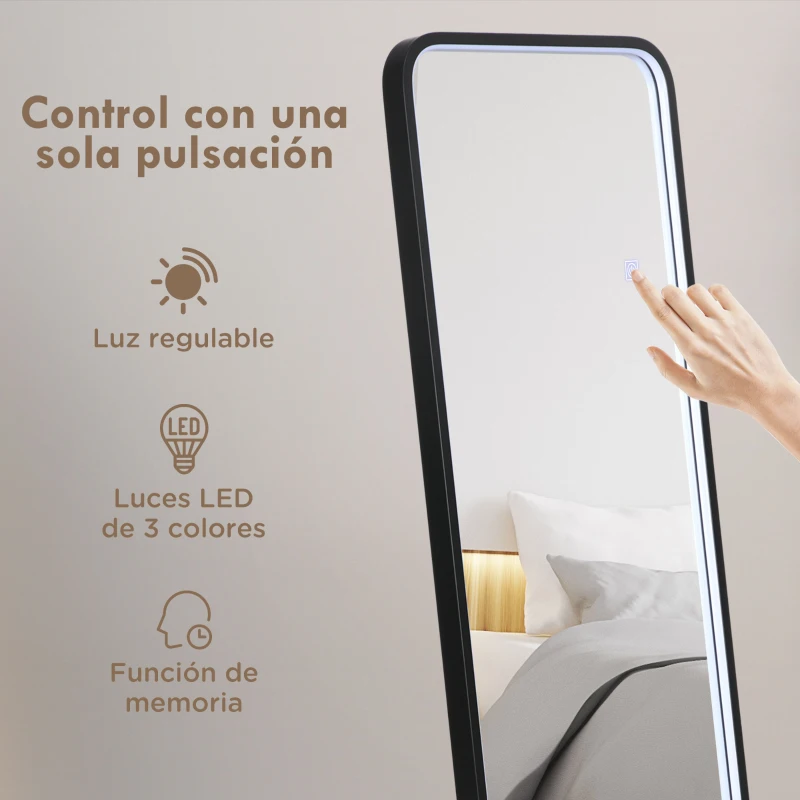 HOMCOM Espejo de Cuerpo Entero con Luces LED Espejo de Pie 151,5x50 cm Independiente o Pared con Luz Ajustable de 3 Colores