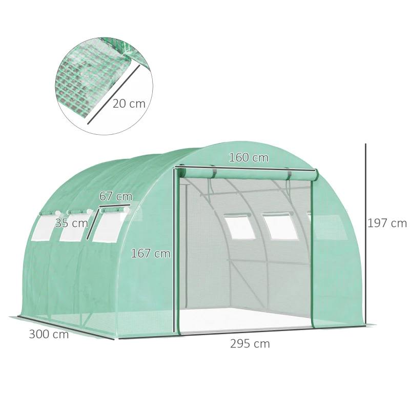 Outsunny Serre de Jardin Tunnel 9 m² 3L x 3l x 2H m - PE Haute densité 140 g/m² fenêtres porte déroulante vert