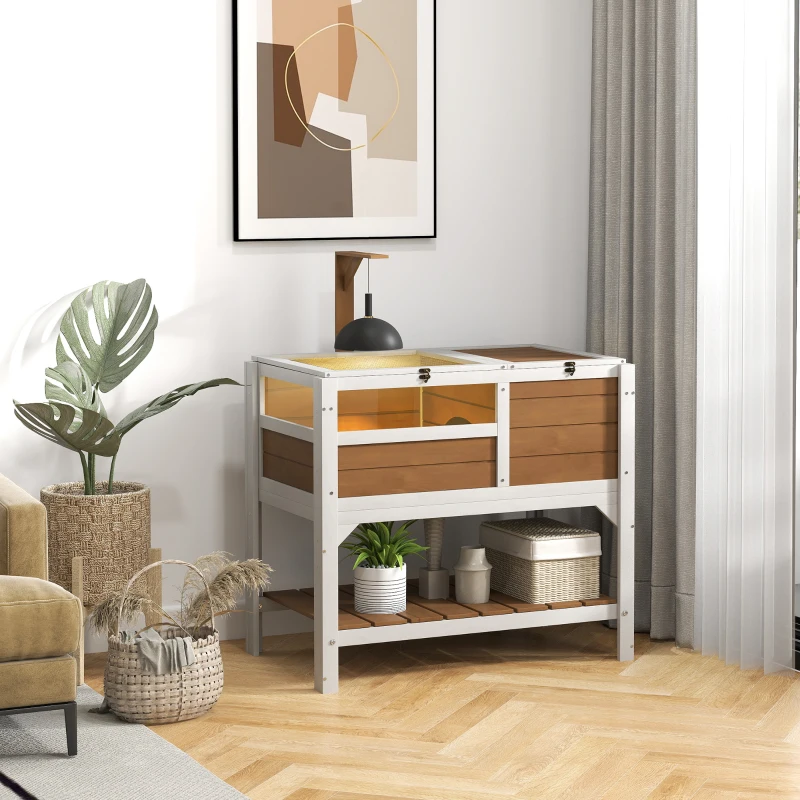 PawHut Wooden Tortoise House, with Shelter, Run, Shelf, Lamp Holder, Tray