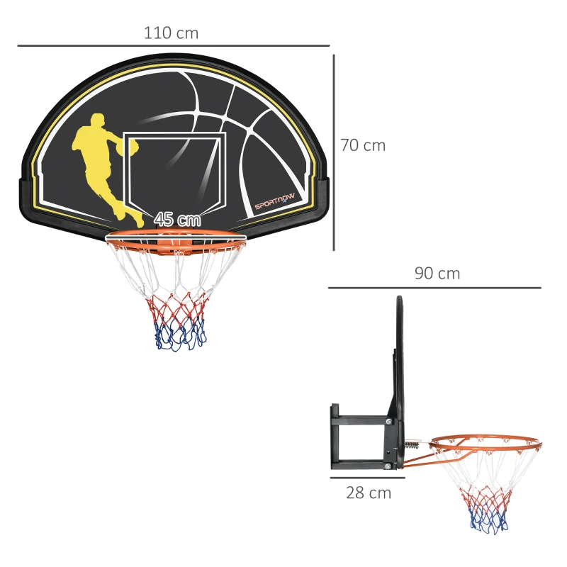 SPORTNOW Canasta de Baloncesto de Pared Aro de Baloncesto para Interior y Exterior 110x90x70 cm Negro y Amarillo