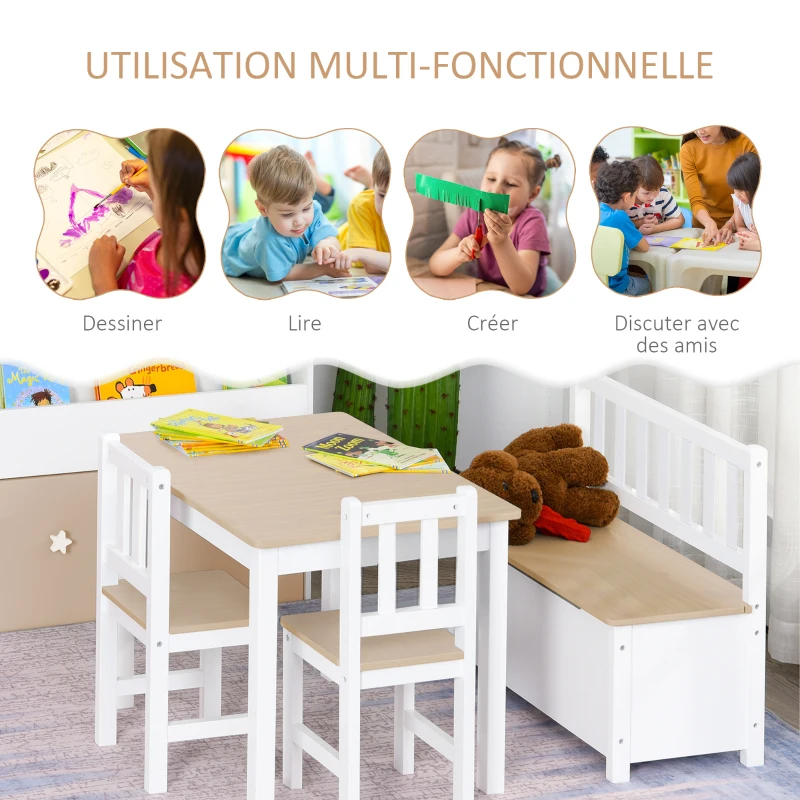HOMCOM Ensemble de table et chaises enfant - set de 4 pièces - table, 2 chaises, banc coffre 2 en 1 - MDF pin blanc bois clair