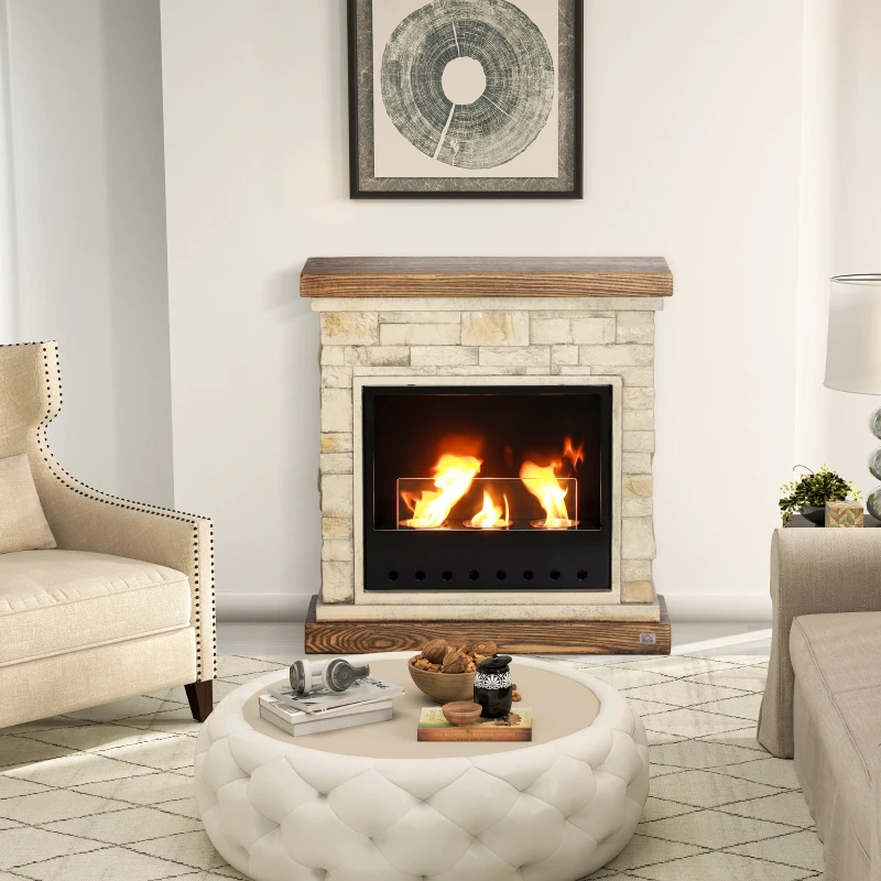 HOMCOM Bioethanol Fire Heater, with Brickwork-Effect Mantelpiece - Brown
