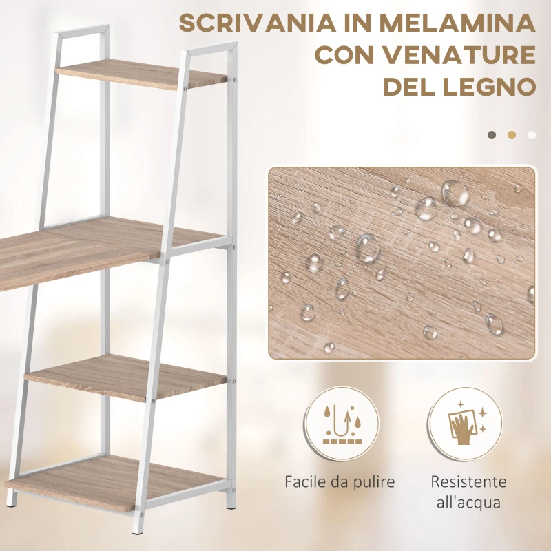 HOMCOM Scrivania Pieghevole con Libreria a 4 Livelli, Scrivania Salvaspazio in Metallo e Legno, 106x48x128cm, Rovere