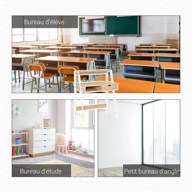 HOMCOM Bureau secrétaire Bureau Informatique Style néo-rétro tiroir Niche étagère métal blanc, aspect chêne clair