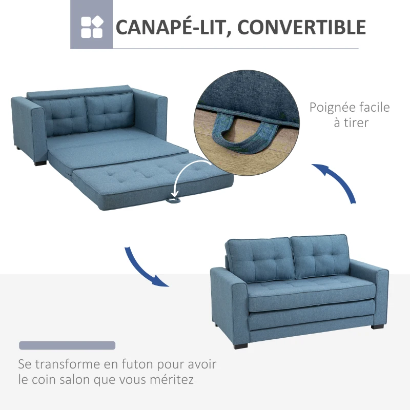 HOMCOM Canapé droit convertible 2 places - dossier capitonné - 147,5 x 75 x 85 cm - bleu