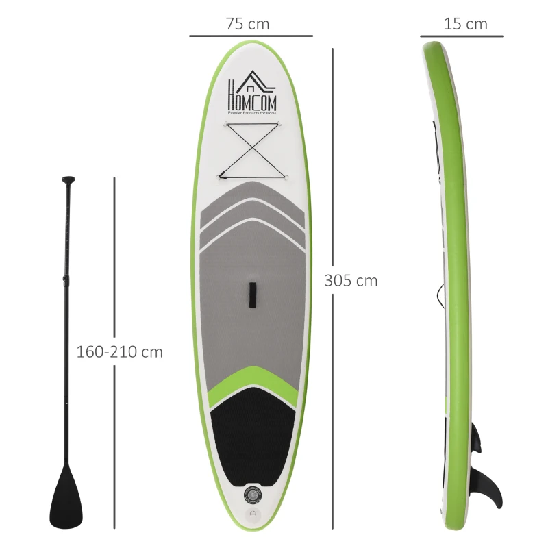 HOMCOM Tavola SUP Gonfiabile con Accessori Inclusi, Tavola da Surf Stand Up Paddle Board per Adulti e Teenager, 305x75x15cm Verde e Bianco