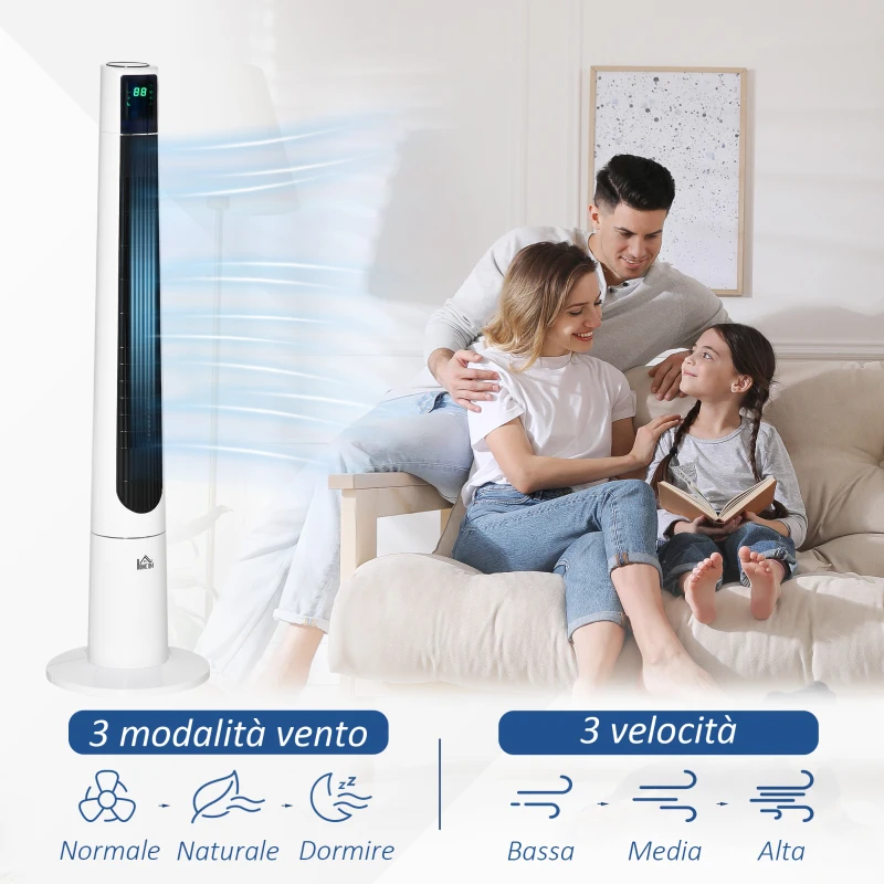 HOMCOM Ventilatore a Torre 50W a 3 Modalità e 3 Velocità con Timer da 12h, in ABS, Ø32x118.2 cm, Bianco