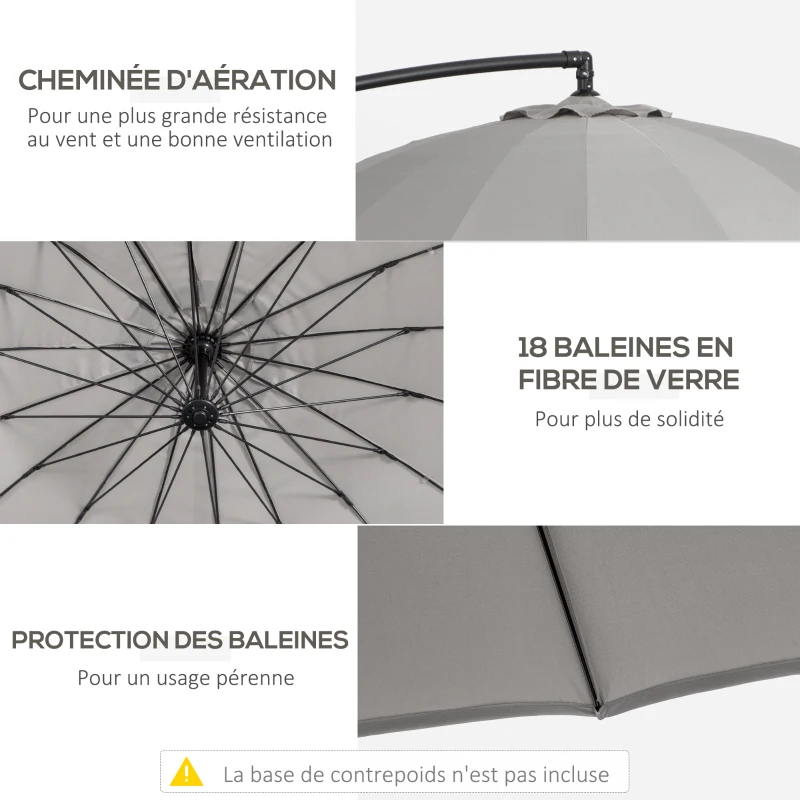 Outsunny Parasol déporté rond inclinable manivelle piètement mât métal. dim. Ø 2,96 x 2,6H m polyester haute densité gris