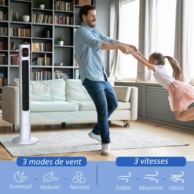 HOMCOM Ventilateur colonne oscillation 70° minuterie 12h panneau de capteur LED 45W télécomande 2 modes de contrôle blanc