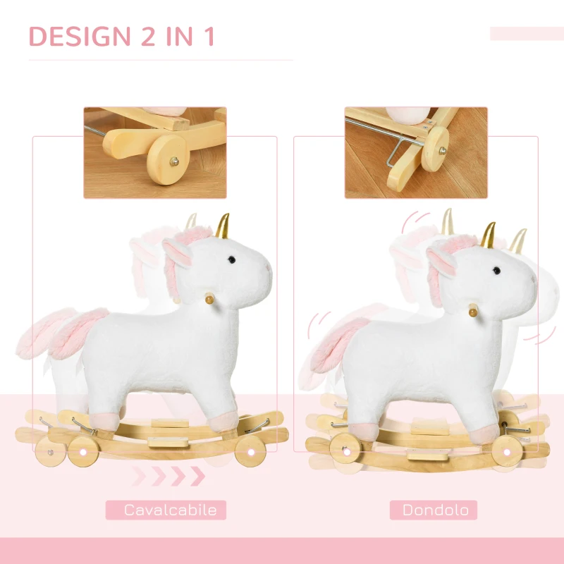 HOMCOM Cavallo a Dondolo per Bambini a Unicorno con Base Curva e Ruote, Cavallo a Dondolo 2 in 1 con Suoni Integrati e Rivestimento Peluche, per Bambini 3-6 Anni, 63x38x63cm, Bianco