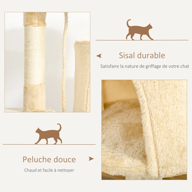 PawHut Arbre à chats multi-équipements griffoirs grattoirs plateformes niche corde jouets 40L x 40l x 114H cm beige
