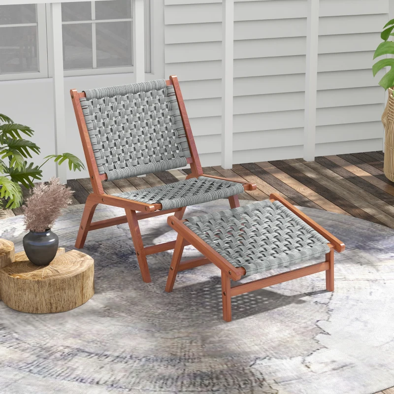 Outsunny Fauteuil de jardin avec repose-pieds - chaise relax en bois d'acacia et corde résine tressée - naturel, gris