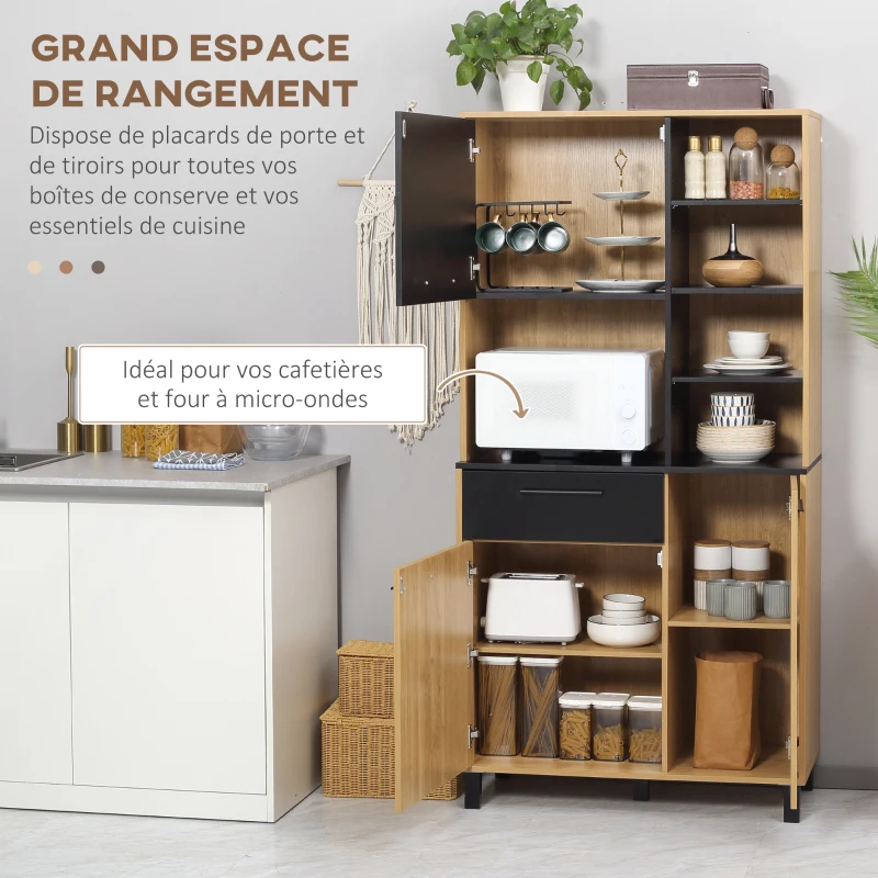 HOMCOM Armoire de cuisine multi-rangements avec tiroir 3 placards 4 niches et passe-câbles hauteur 180 cm noir et bois naturel(m-4)