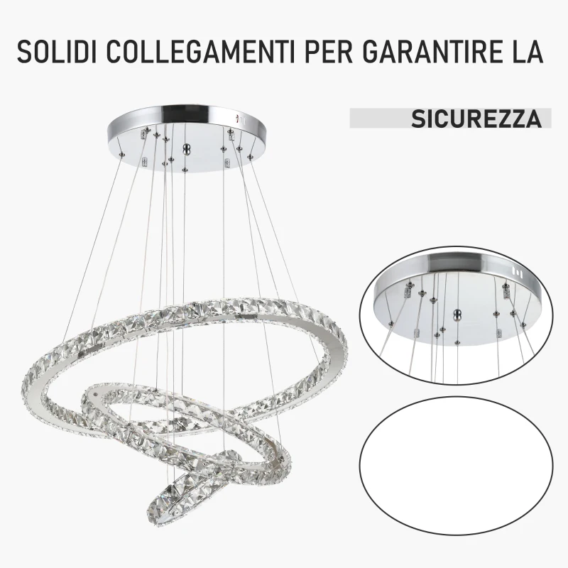 HOMCOM Lampadario a Sospensione con 3 Anelli Regolabili, Luci a LED e Cristalli, Ø60 x 110cm