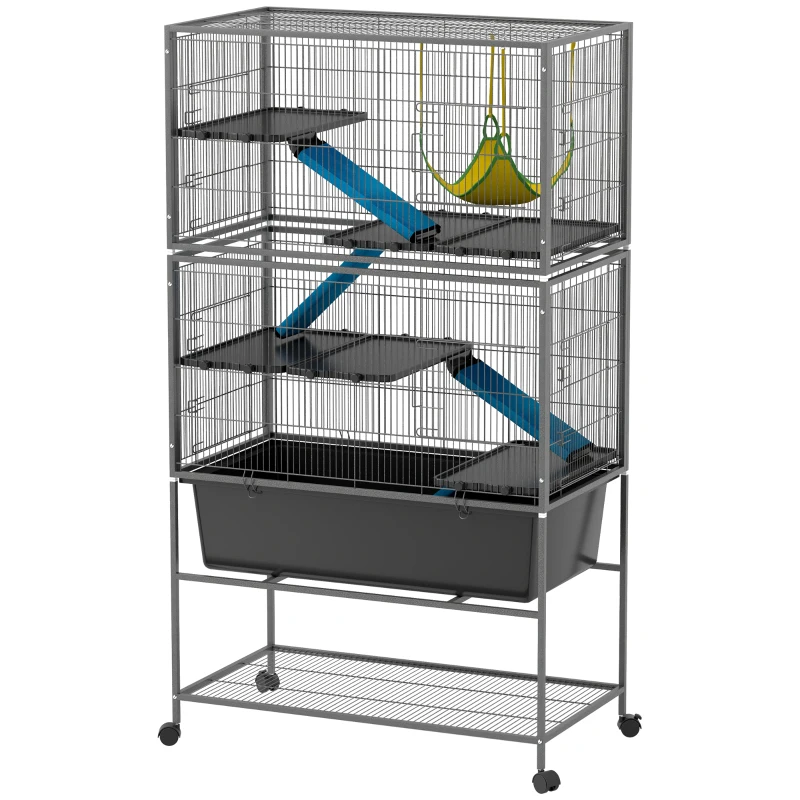 PawHut 5 Levels Rolling Small Animal Cage with Non Slip Ramps, Slide Out 16cm Deep Tray, 88 x 48 x 150.5cm, Dark Grey