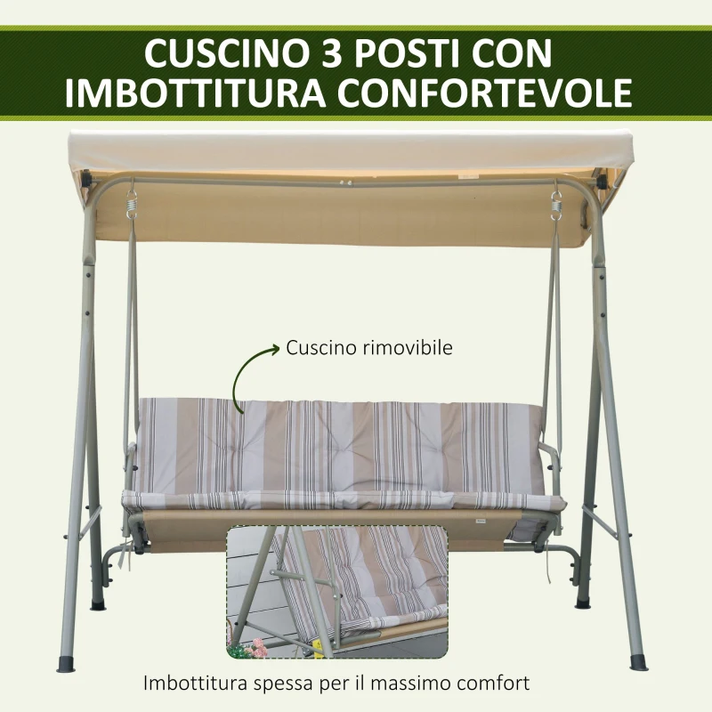 Outsunny Dondolo da Giardino 3 Posti in Acciaio con Tetto Regolabile, Cuscini e Braccioli, 172x110x156cm