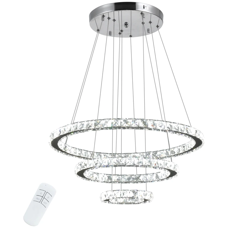 HOMCOM Lámpara de Araña de Cristal Moderna Lámpara Colgante LED 40W con 3 Anillos Ángulo Ajustable y Control Remoto 4000K Luz Blanco para Salón Comedor Ø60x110 cm