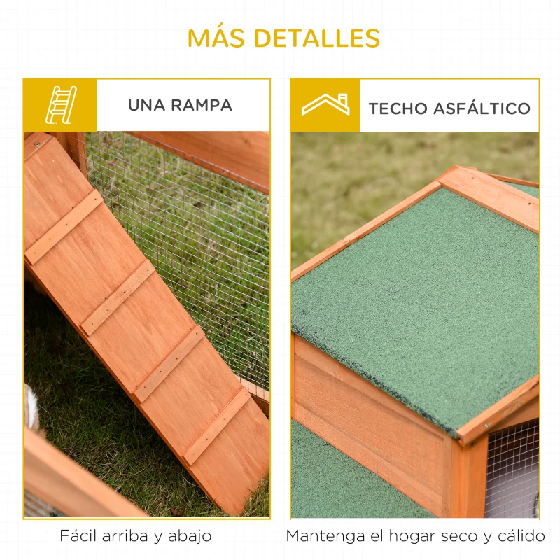 PawHut Conejera de Madera Grande de 2 Niveles con Rampa Puertas con Cerradura y Zona Abierta Protegida 215x63x100 cm