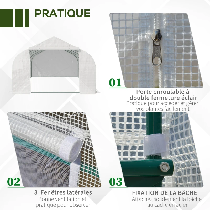 Outsunny Serre Tunnel de Jardin 18 m² dim. 5,95L x 3l x 2H m Porte + 8 fenêtres enroulables Acier galvanisé bâche PE Haute densité Blanc