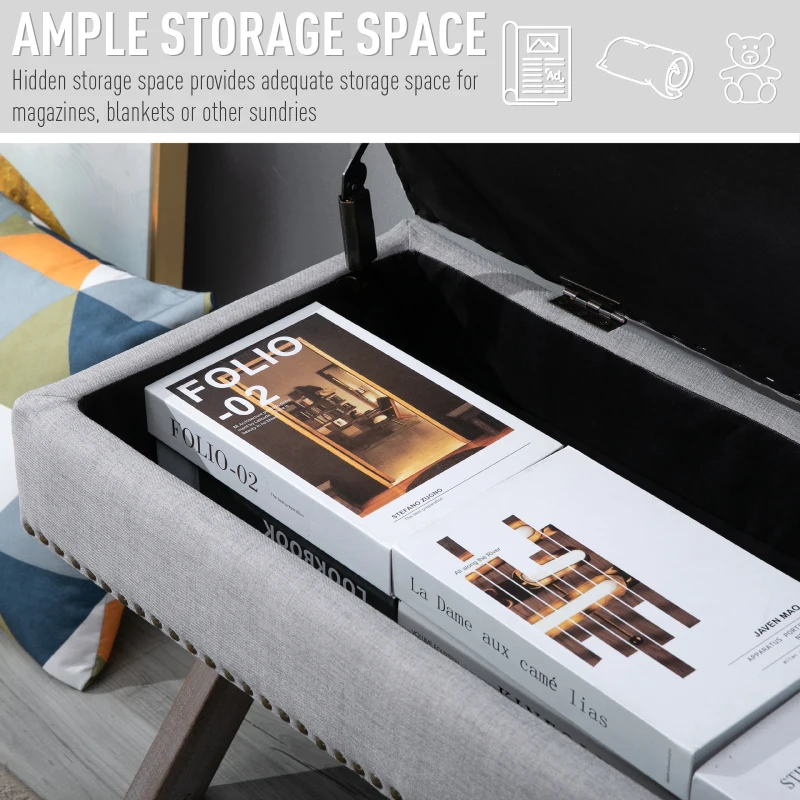 HOMCOM Elegant Storage Stool Ottoman Bentwood Frame Sponge Top w/ Metal Studding Foot Rest  Home Hallway Entryway Furniture Unit - Grey