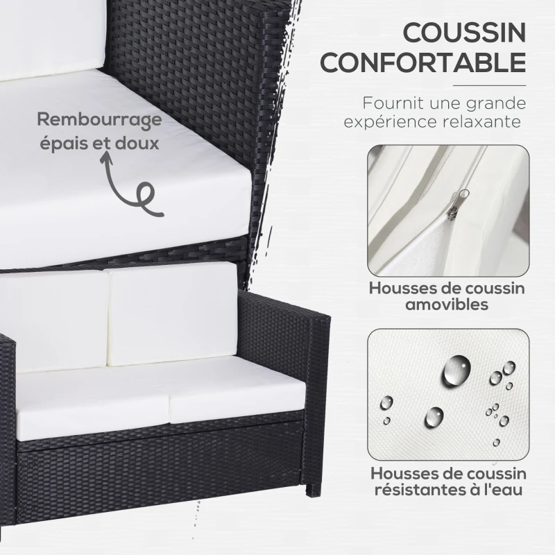 Outsunny Canapé de jardin 2 places canapé droit 4 coussins déhoussables 130L x 70l x 80H cm résine tressée noire