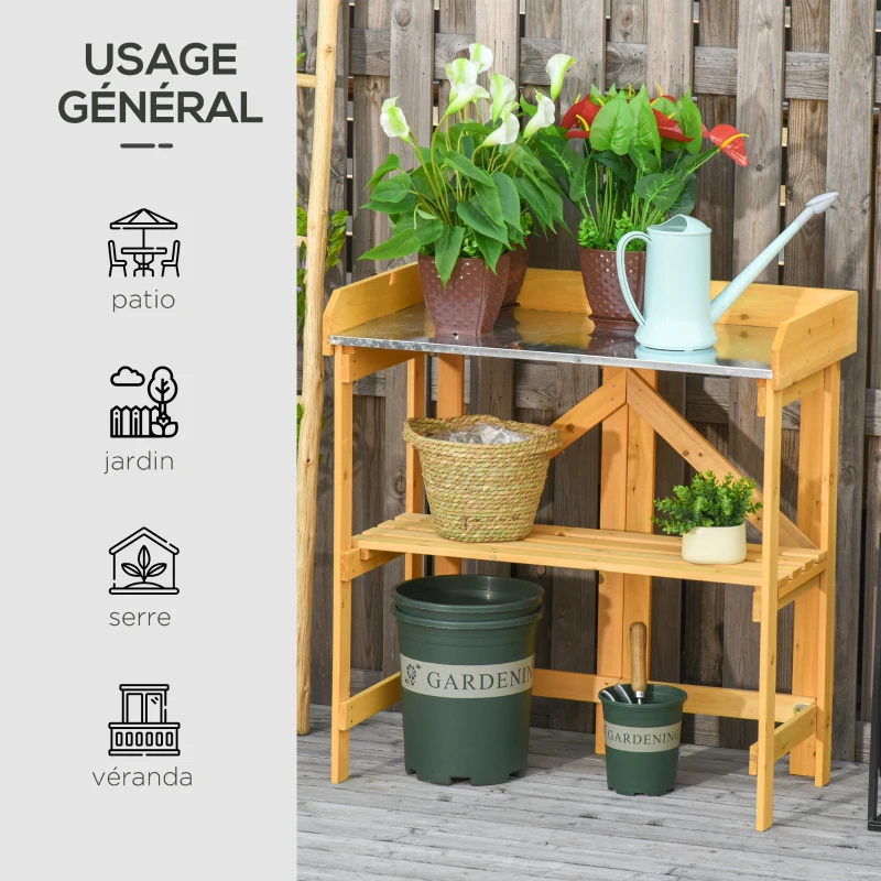 Outsunny Table de rempotage pliable - table de jardinage avec étagère plateau acier galvanisé avec rebord - table de plantation bois sapin pré-huilé