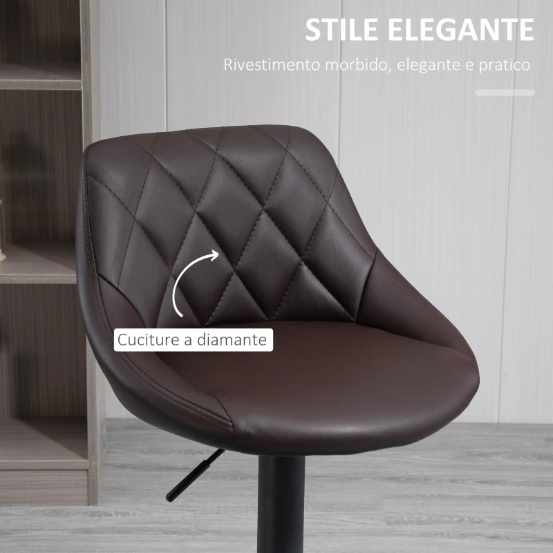 HOMCOM Set 2 Sgabelli da Bar Regolabili con Schienale e Poggiapiedi, Base in Metallo e Seduta in Similpelle, 46x48x83-104 cm, Marrone e Nero