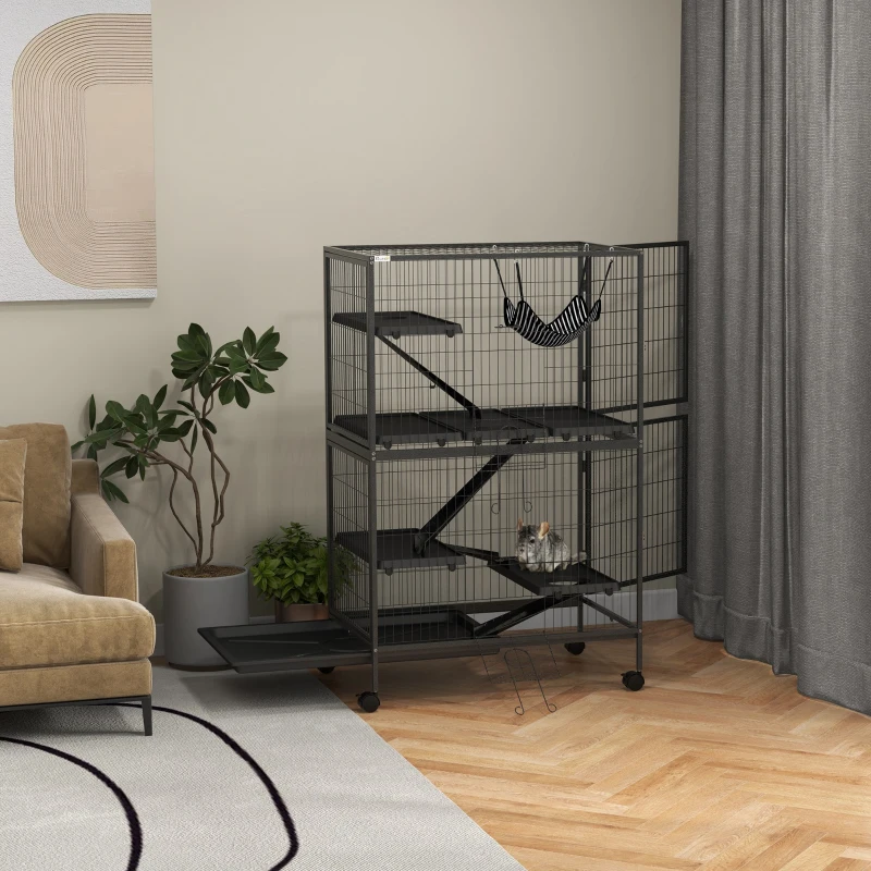 PawHut Small Animal Cage for Chinchilla Ferret Kitten on Wheels with Hammock Removable Tray, Grey