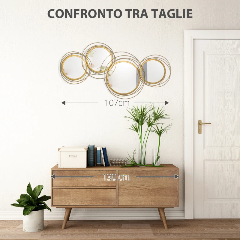 HOMCOM Decorazione Murale 3D in Metallo, Wall Art a Cerchi con Specchi 107x56cm, Oro