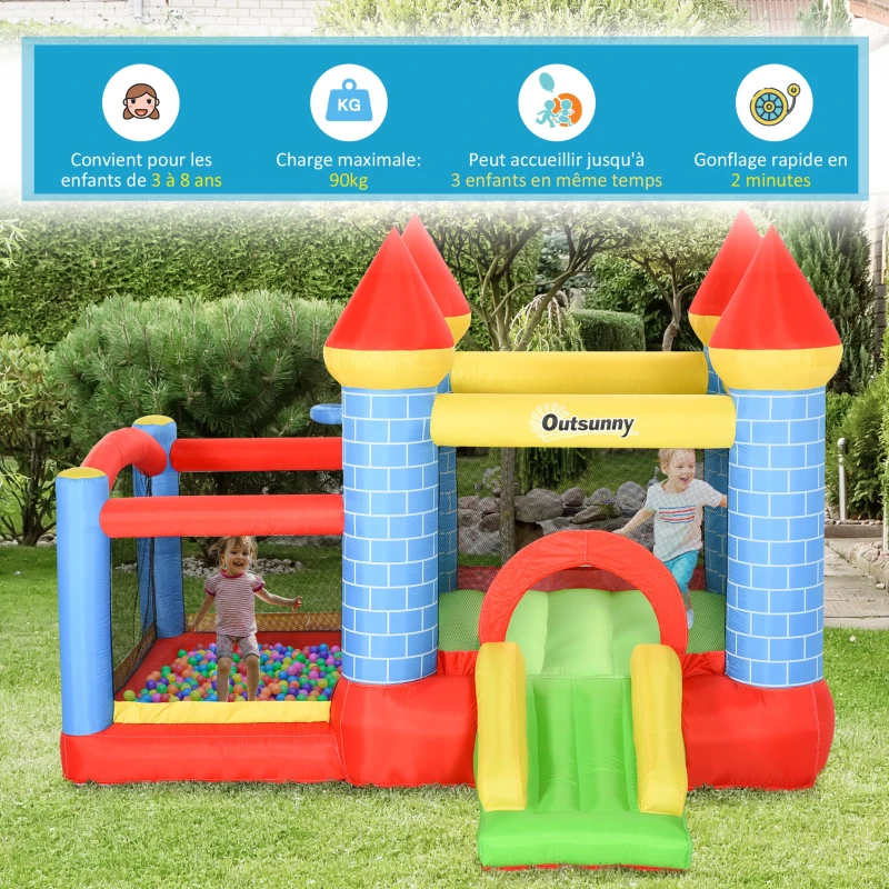 Outsunny Château gonflable pour enfants avec trampoline toboggan, souffleur 350W et sac de transport inclus jusqu'à 3 enfants dim. 280L x 260l x 210H cm multicolore(m-5)