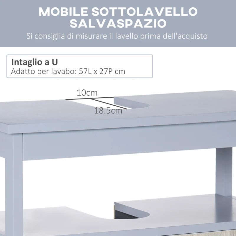 kleankin Mobile Sottolavabo Bagno con Armadietto e Ripiano Aperto, 60x30x62cm, Grigio e Legno Naturale