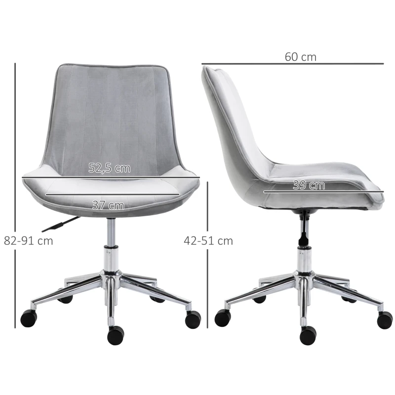 HOMCOM Silla de Oficina Sin Reposabrazos Silla de Escritorio Silla Giratoria para Niños con Altura Ajustable Respaldo de Poliéster Suave y Ruedas Carga 120 kg 52,5x60x82-91 cm Gris