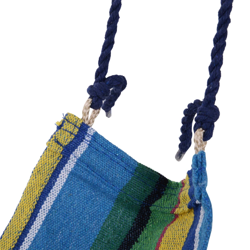 Outsunny Outdoor Hammock Hanging Rope Garden Yard Patio Swing Chair Seat Woodenwith Footrest Cotton Cloth Blue Stripe
