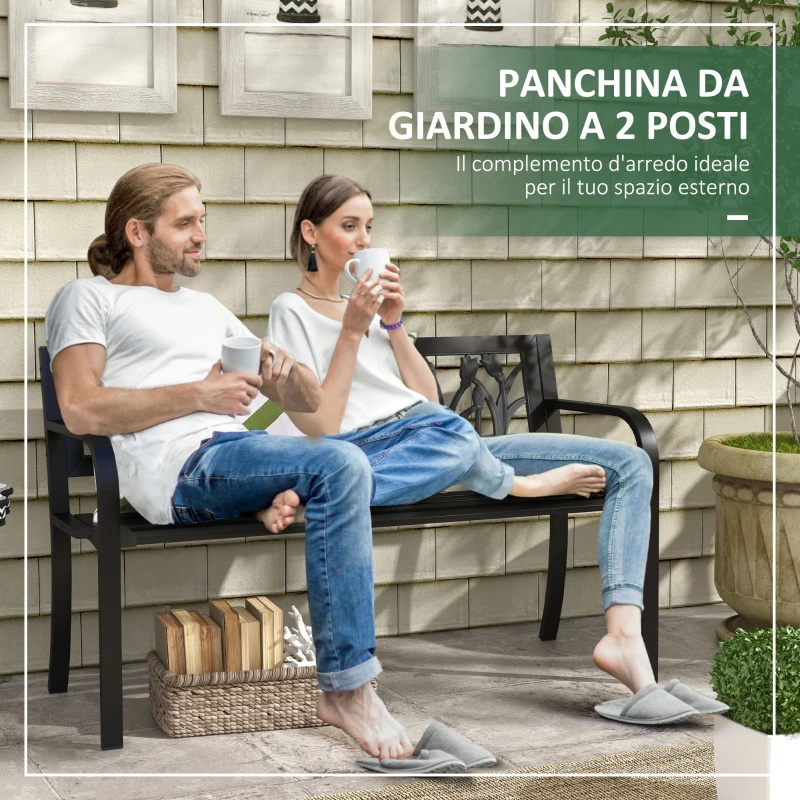 Outsunny Panchina da Giardino a 2 Posti in Acciaio con Schienale Decorato e Braccioli, 125x50x75cm, Nero
