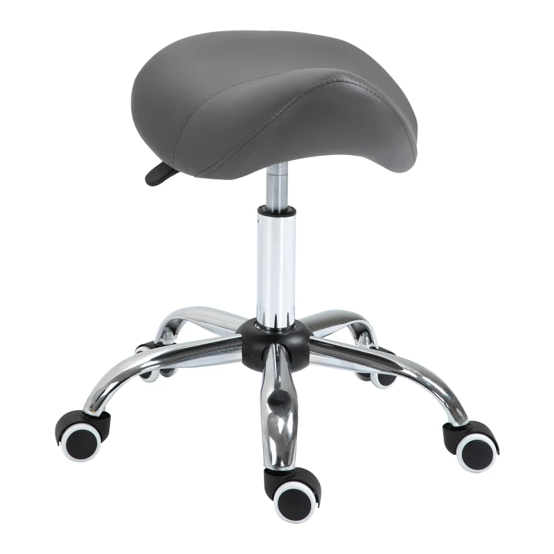 HOMCOM Sgabello da Lavoro a Sella con Ruote e Altezza Regolabile per Negozi Parrucchiere e Tattoo, 52x53x49-61cm Grigio
