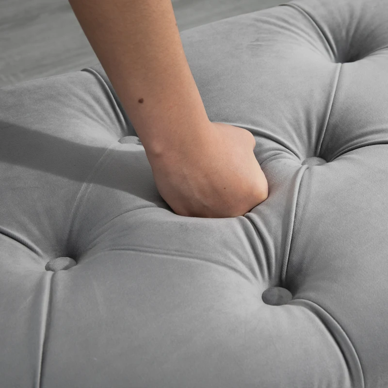 HOMCOM Banc de rangement, coffre de rangement design capitonné demi-cercle bout de lit avec revêtement velours, pieds en bois d'hévéa, pour salon, chambre, entrée, 120 x 46 x 42 cm, gris