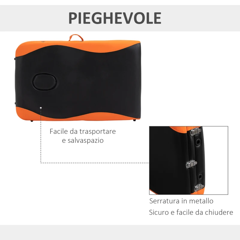 HOMCOM Lettino da Massaggio Pieghevole ad Altezza Regolabile, Lettino Professionale per Massaggi in Alluminio e Plastica, 215x81x61-84 cm, Nero e Arancione