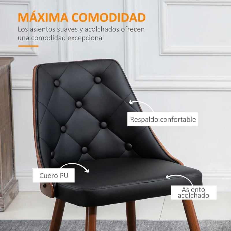 HOMCOM Set de 2 Sillas de Comedor Modernas con Asiento Tapizado en Cuero Sintético y Patas de Acero 50,5x59x82 cm Negro