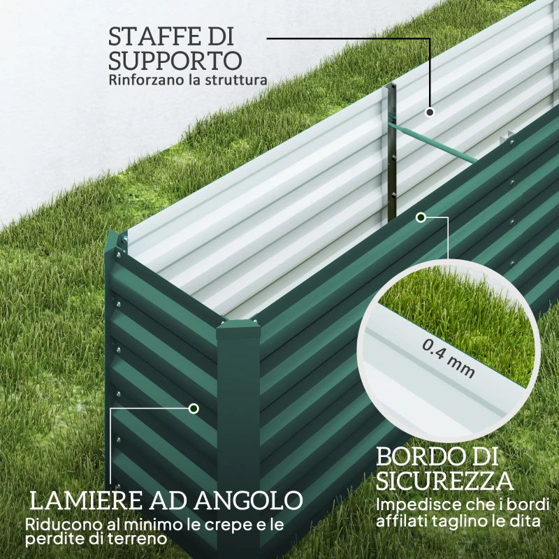 Outsunny Letto per Orto a Fondo Aperto con Bordi Arrotondati in Acciaio Zincato, 240x40x45 cm, Verde
