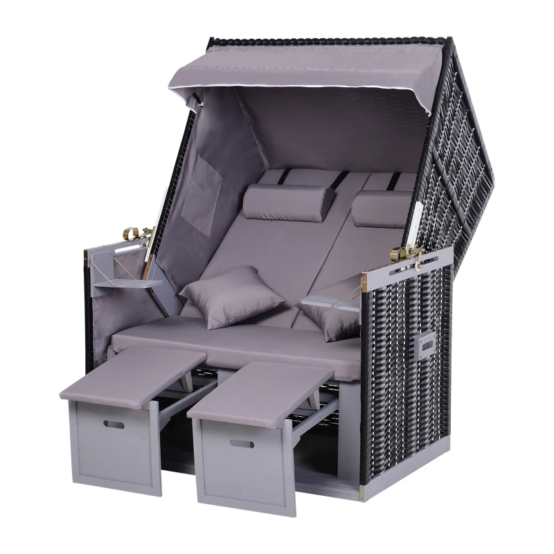 Outsunny Corbeille de plage 2 places pliable - Cabine chaise de plage inclinable - abri plage strandkorb - coussins, repose-pieds, tablettes, pare-soleil - bois résine tressée polyester gris