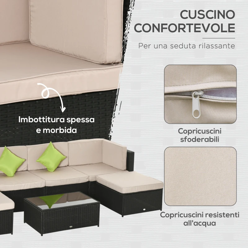 Outsunny Set da 7 Pezzi Salotto da Esterni in Rattan con Poltrona Pouf Tavolino Nero e Beige