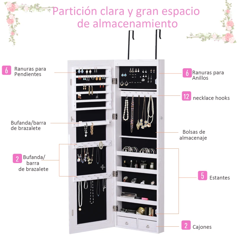 HOMCOM Espejo Joyero Colgante de Pared o Puerta con LED 5 Estantes 2 Cajones Pequeños Espejo Armario Montado con Cerradura 37x120x10cm